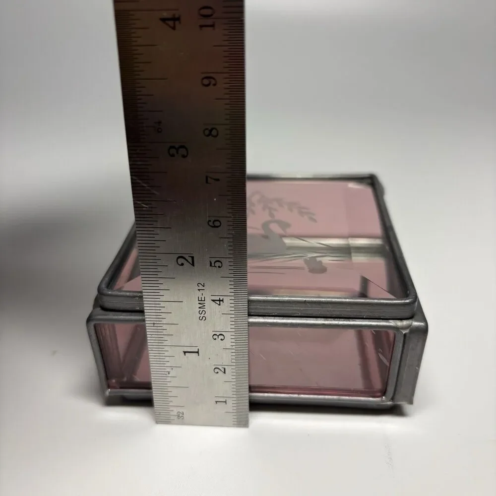 Vintage Beveled Glass Trinket Jewelry Box Etched Swan Mirrored Pink